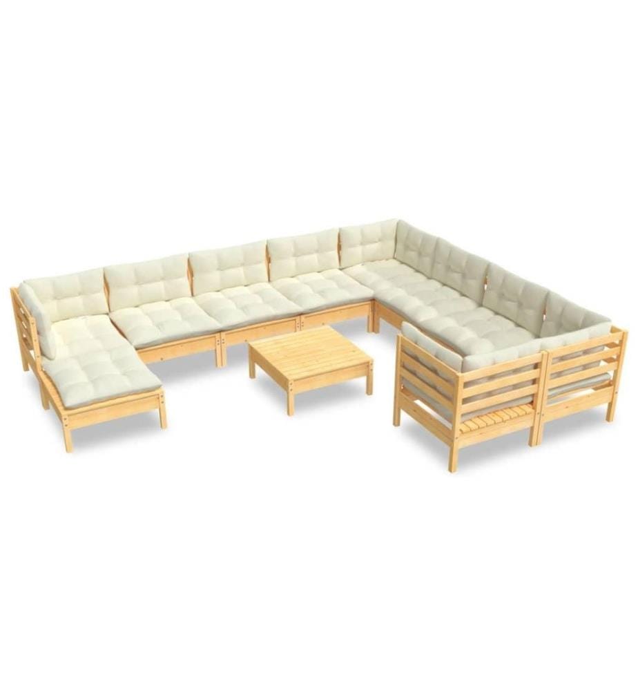 Salon de jardin 11 pcs avec coussins crème Bois de pin