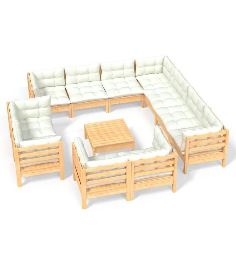 Salon de jardin 12 pcs avec coussins crème Bois de pin solide