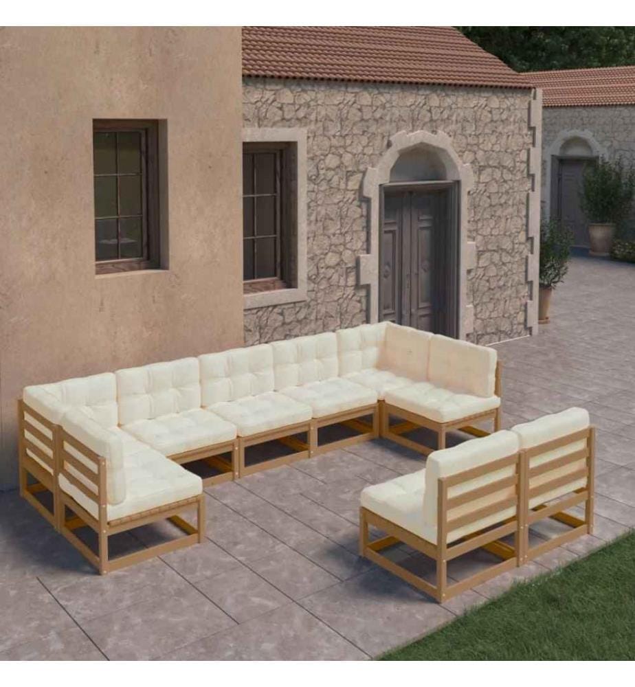9-tlg. Garten-Lounge-Set Kissen Honigbraun Kiefer Massivholz