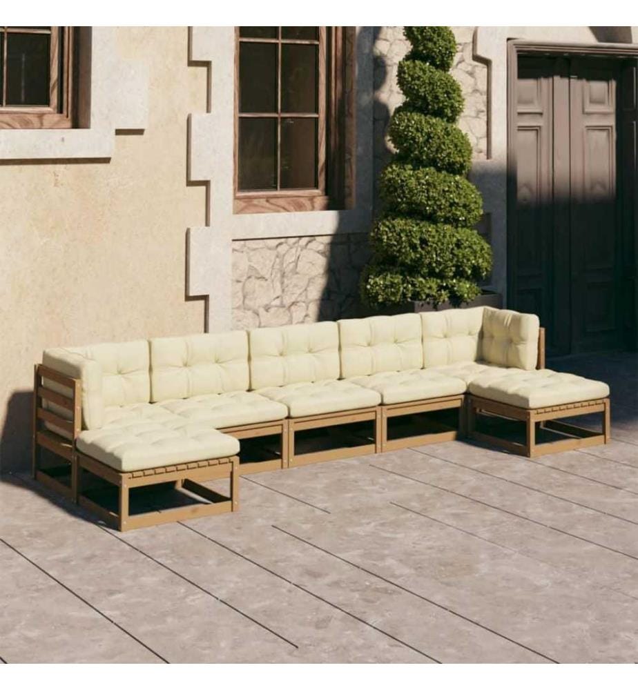 7-tlg. Garten-Lounge-Set Kissen Honigbraun Kiefer Massivholz