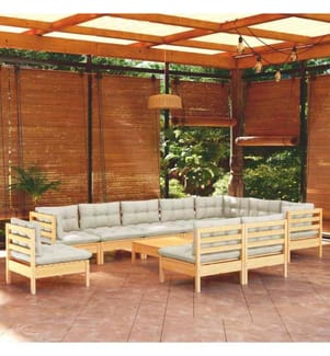 Salon de jardin 11 pcs avec coussins crème Bois de pin solide