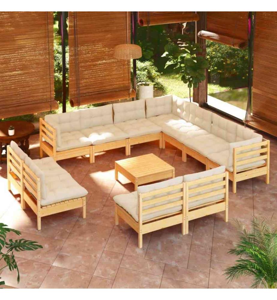 Salon de jardin 12 pcs avec coussins crème Bois de pin massif