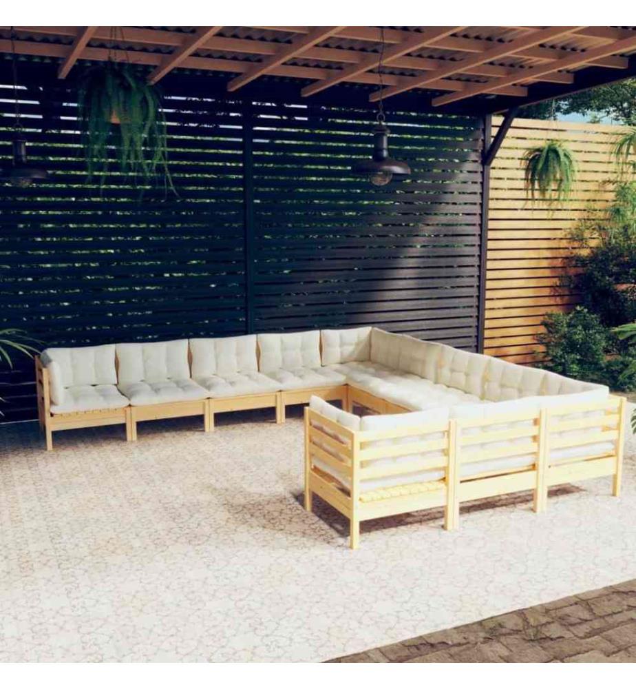 Salon de jardin 11 pcs avec coussins crème Bois de pin