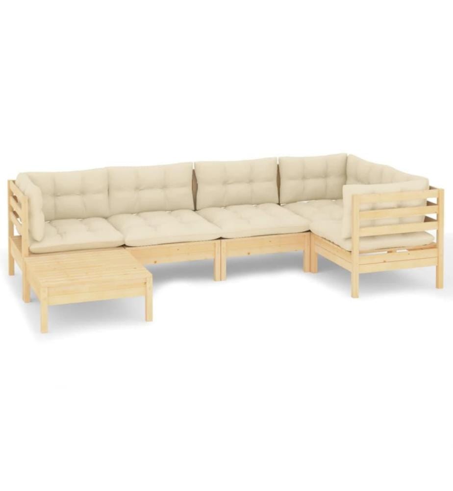 Salon de jardin 6 pcs avec coussins crème Bois de pin massif