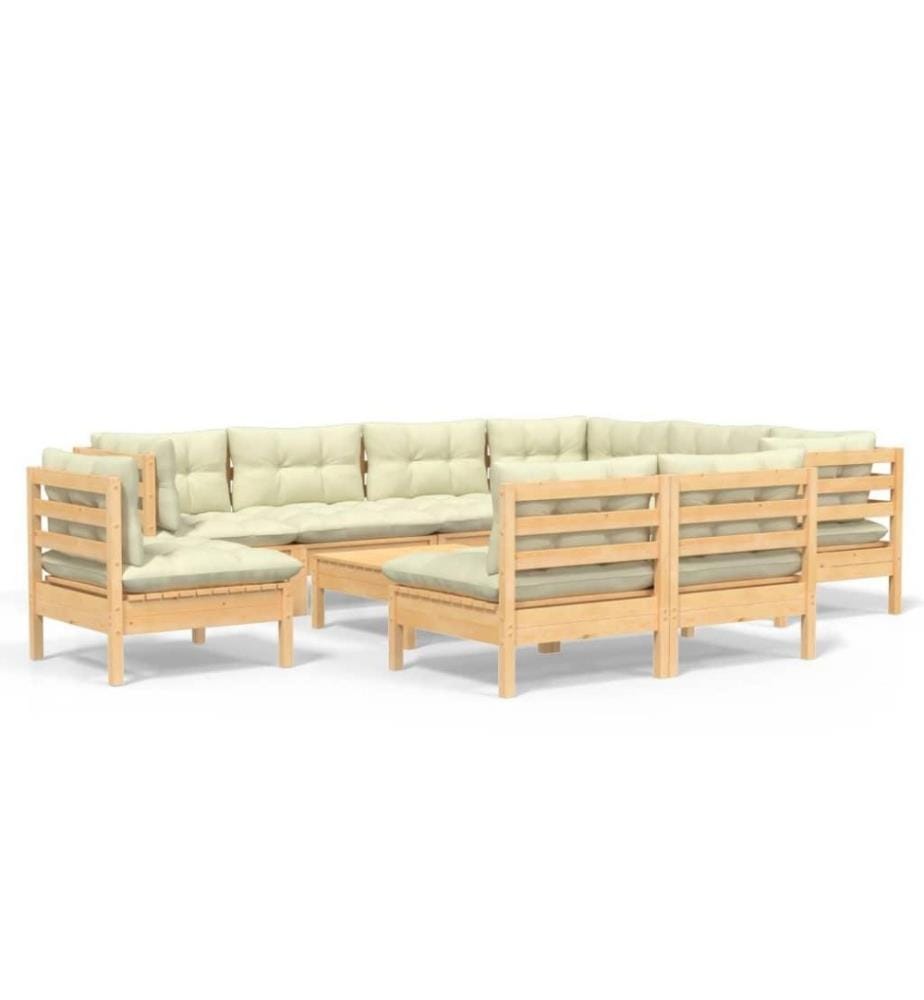 Salon de jardin 10 pcs avec coussins crème Bois de pin solide