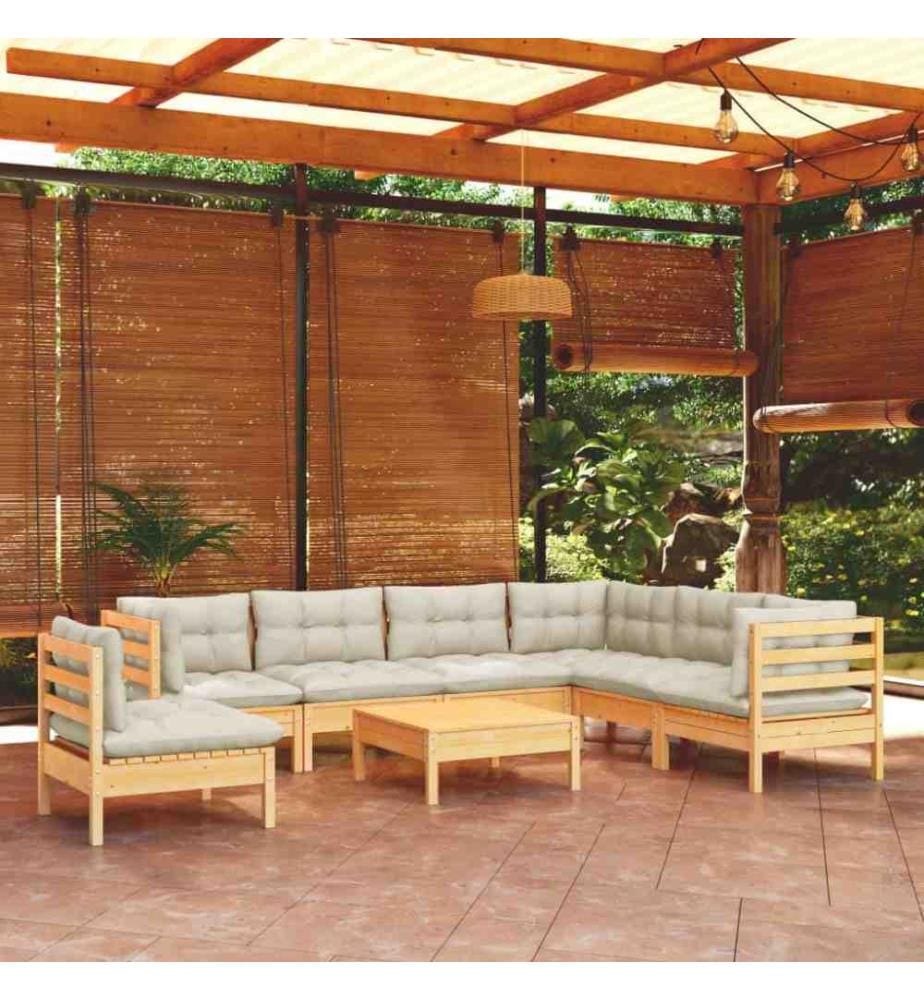 Salon de jardin 8 pcs avec coussins crème Bois de pin solide