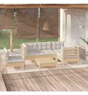6-tlg. Garten-Lounge-Set mit Creme Kissen Kiefernholz
