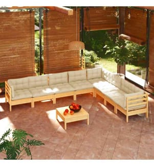 9-tlg. Garten-Lounge-Set mit Creme Kissen Massivholz Kiefer