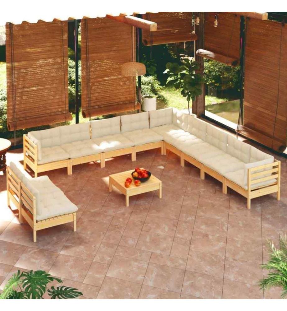 Salon de jardin 12 pcs avec coussins crème Bois de pin massif