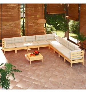 10-tlg. Garten-Lounge-Set mit Creme Kissen Massivholz Kiefer