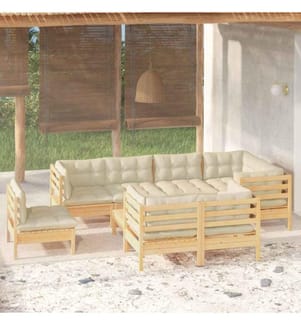 9-tlg. Garten-Lounge-Set mit Creme Kissen Massivholz Kiefer