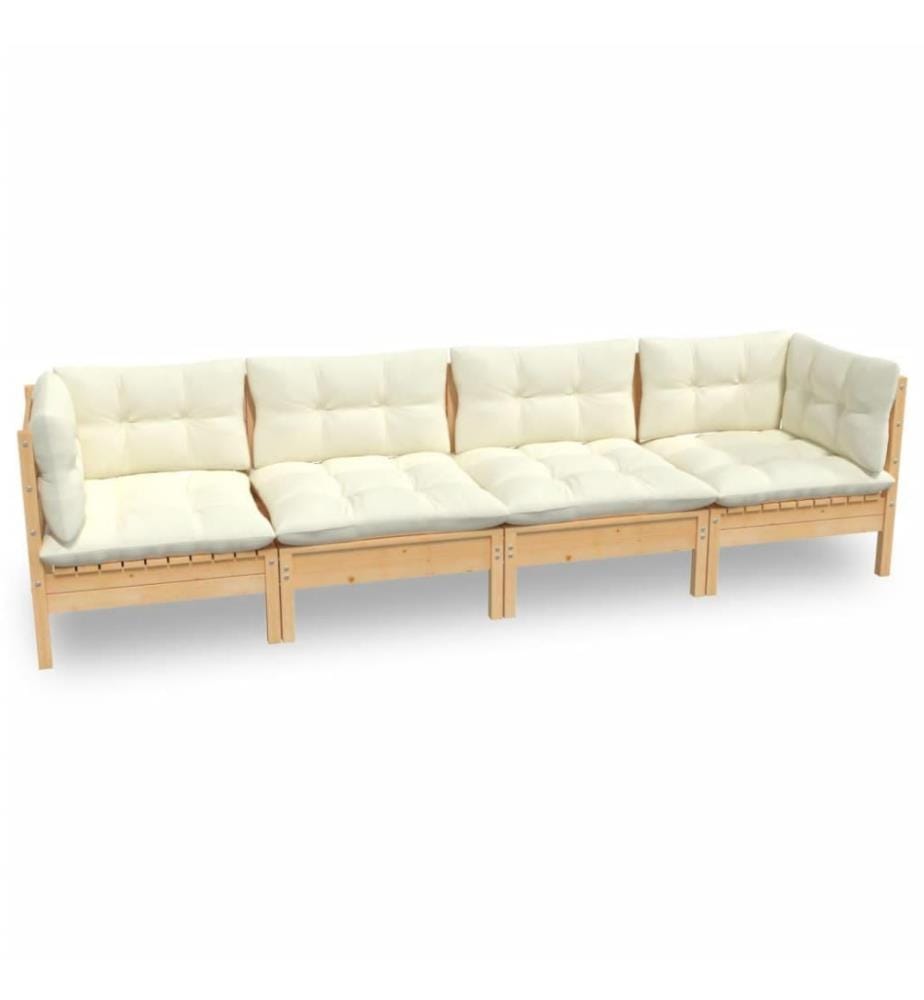 Salon de jardin 4 pcs avec coussins crème Bois de pin massif