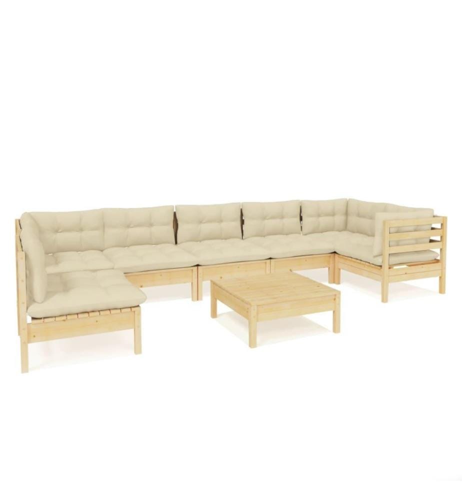 Salon de jardin 8 pcs avec coussins crème Bois de pin