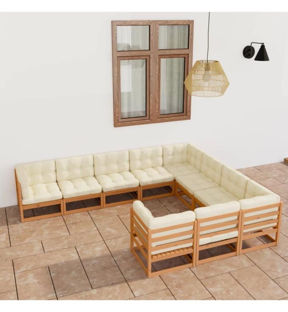 10-tlg. Garten-Lounge-Set Kissen Honigbraun Kiefer Massivholz