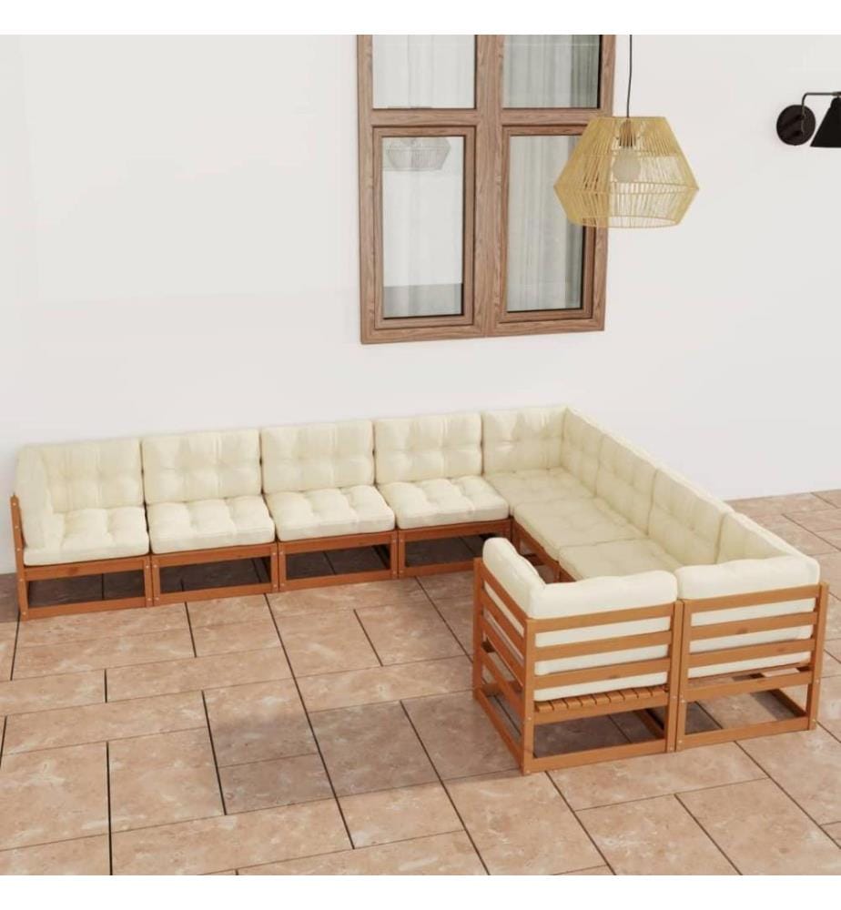 9-tlg. Garten-Lounge-Set Kissen Honigbraun Kiefer Massivholz