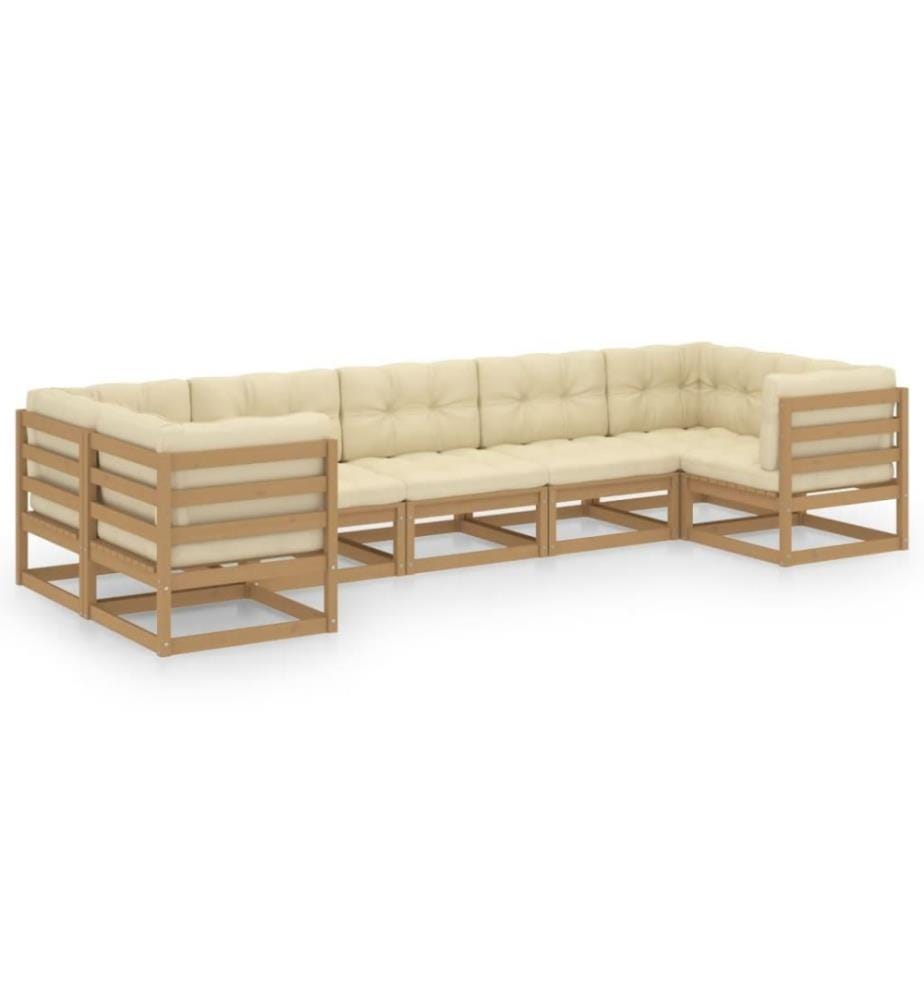 7-tlg. Garten-Lounge-Set Kissen Honigbraun Kiefer Massivholz