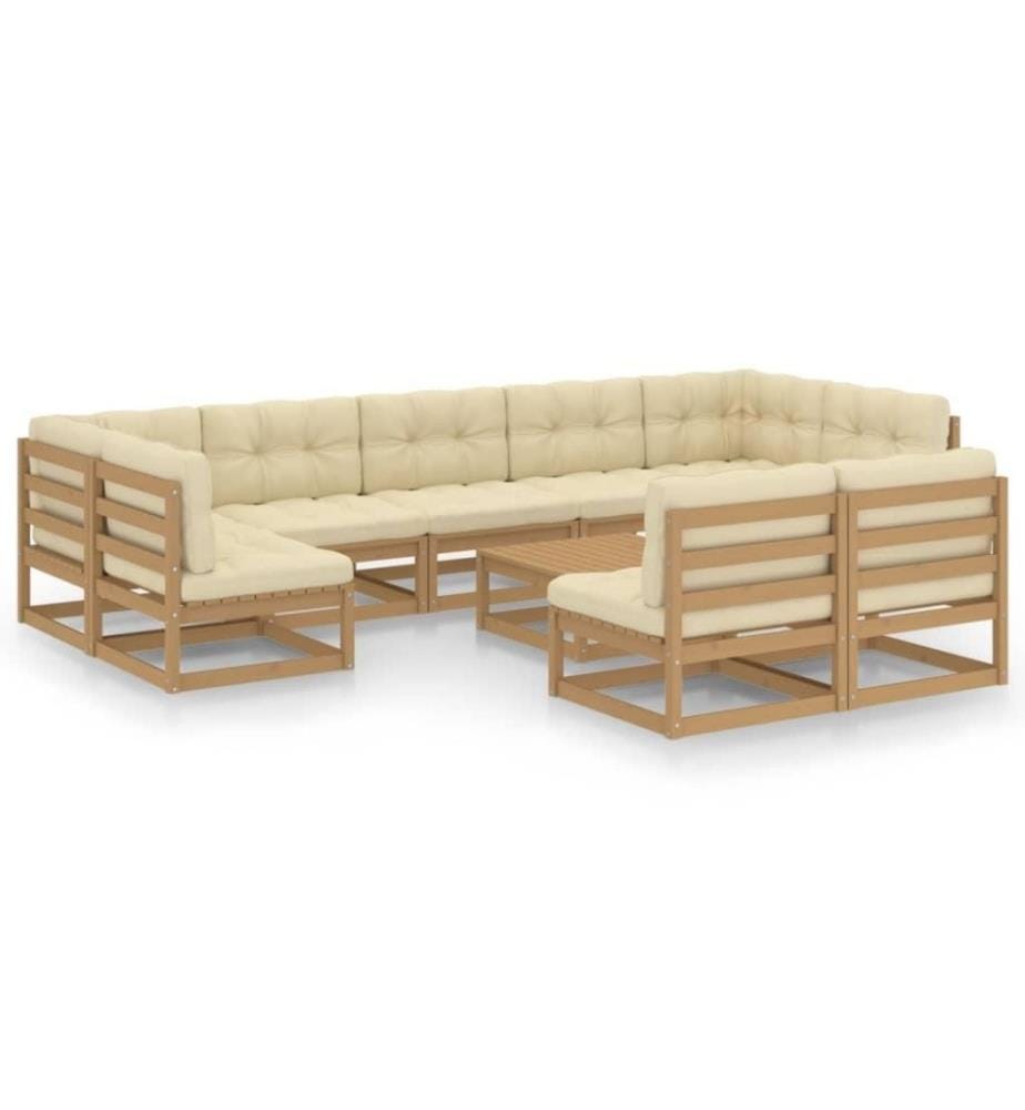 10-tlg. Garten-Lounge-Set Kissen Honigbraun Kiefer Massivholz