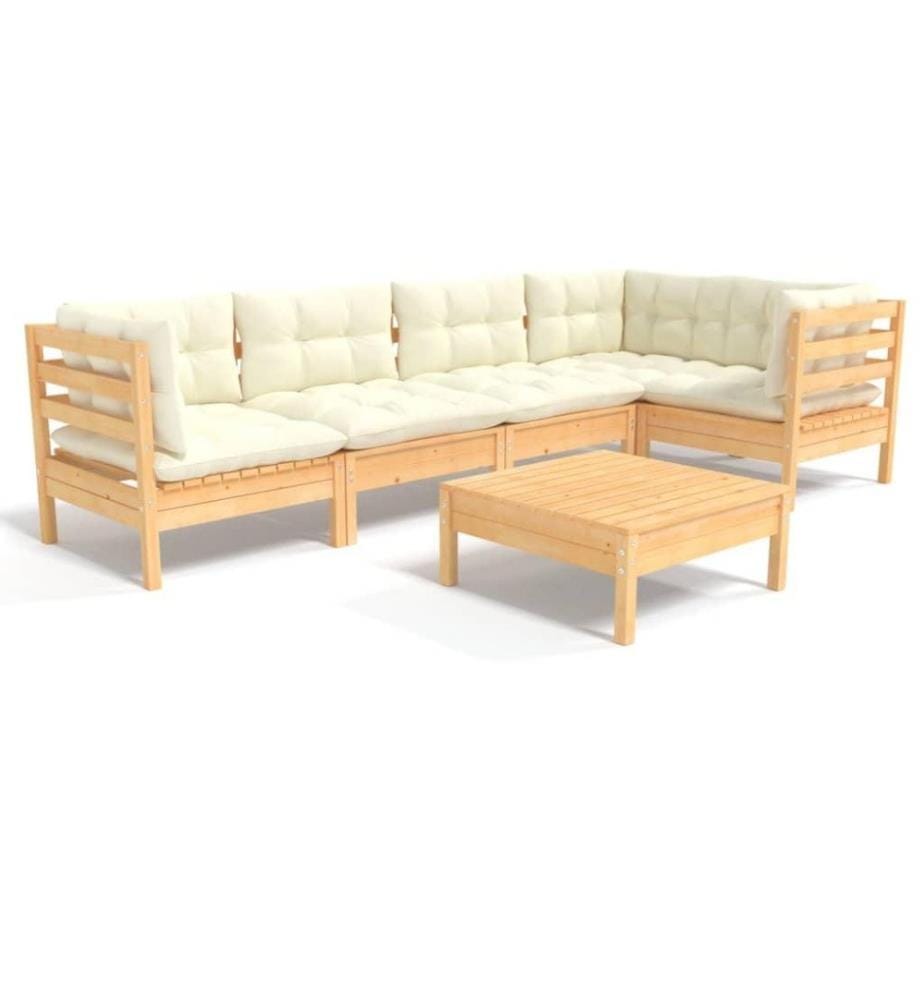 Salon de jardin 5 pcs avec coussins crème Bois de pin