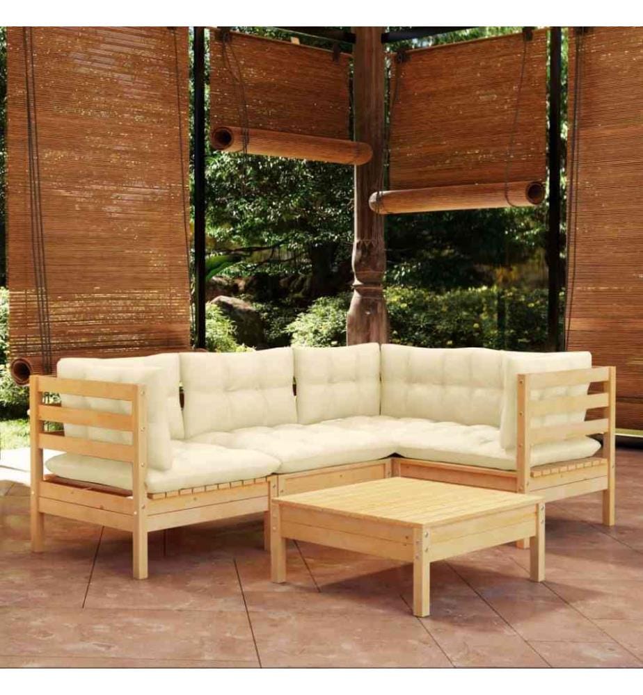 Salon de jardin 5 pcs avec coussins crème Bois de pin