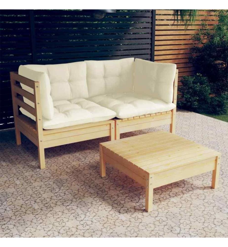 Salon de jardin 3 pcs avec coussins crème Bois de pin