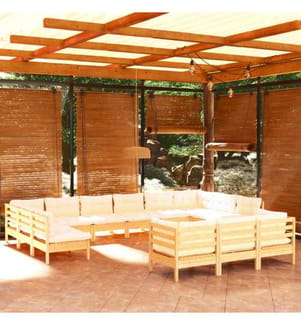 Salon de jardin 13 pcs avec coussins crème Bois de pin