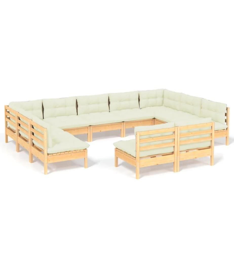 Salon de jardin 11 pcs avec coussins crème Bois de pin massif