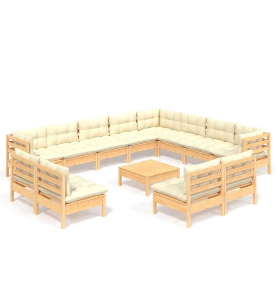 Salon de jardin 13 pcs avec coussins crème Bois de pin solide