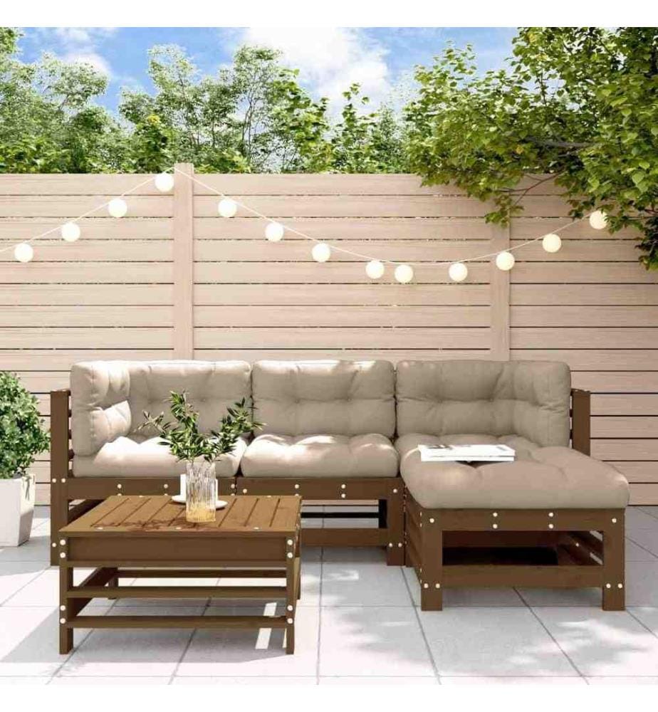 5-tlg. Garten-Lounge-Set mit Kissen Honigbraun Massivholz