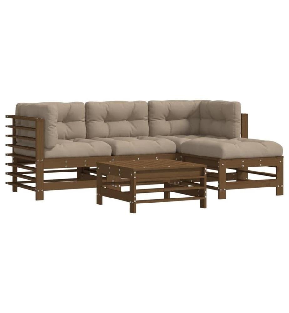 5-tlg. Garten-Lounge-Set mit Kissen Honigbraun Massivholz