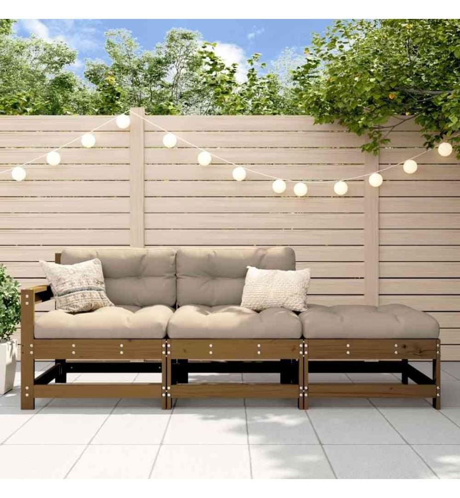 Salon de jardin 3 pcs avec coussins marron miel bois massif