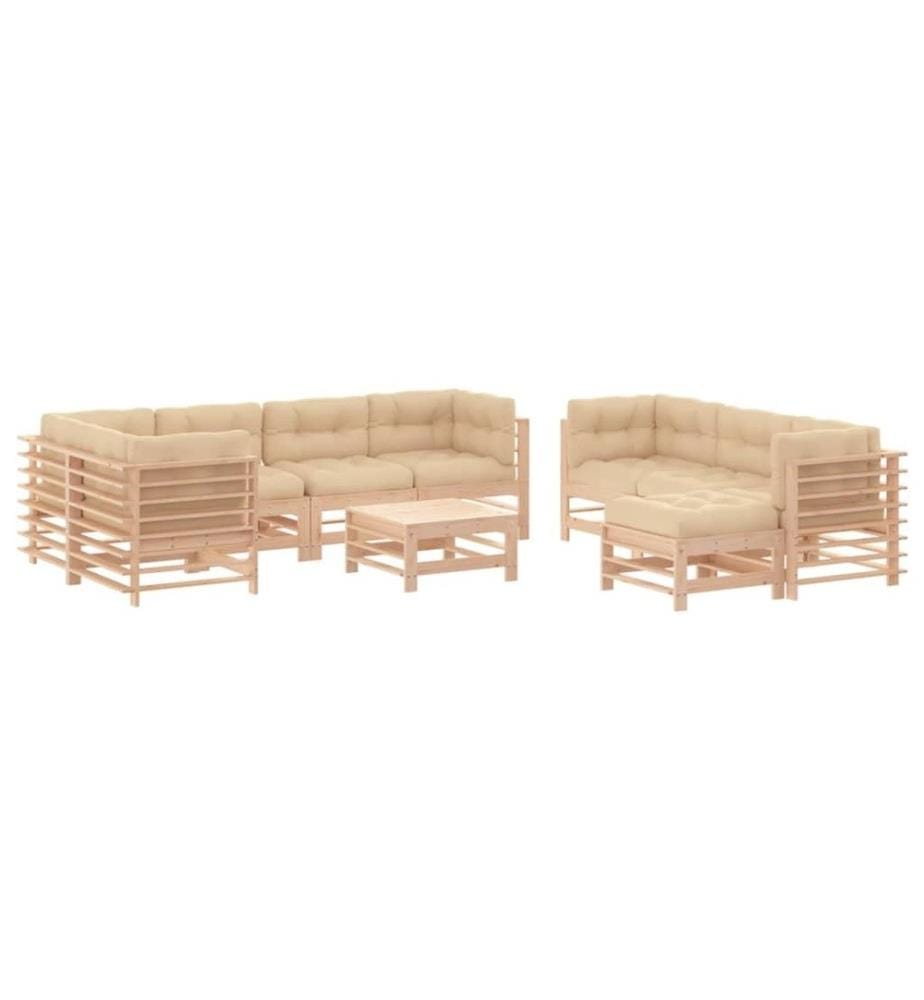 Salon de jardin 10 pcs avec coussins bois massif