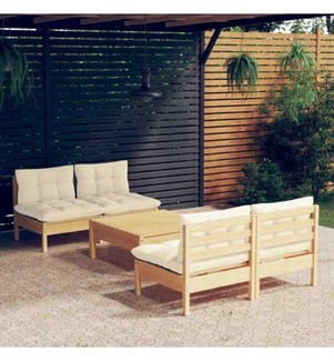 5-tlg. Garten-Lounge-Set mit Creme Kissen Kiefernholz