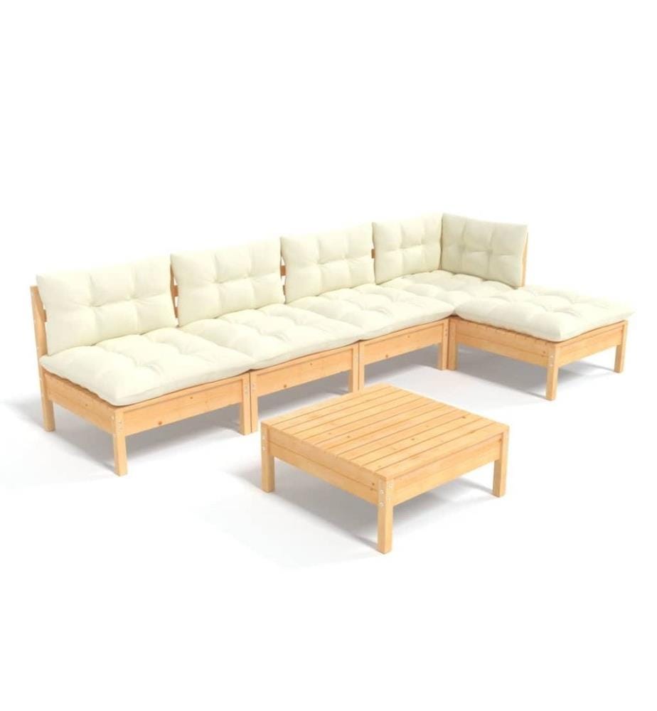 6-tlg. Garten-Lounge-Set mit Creme Kissen Kiefernholz