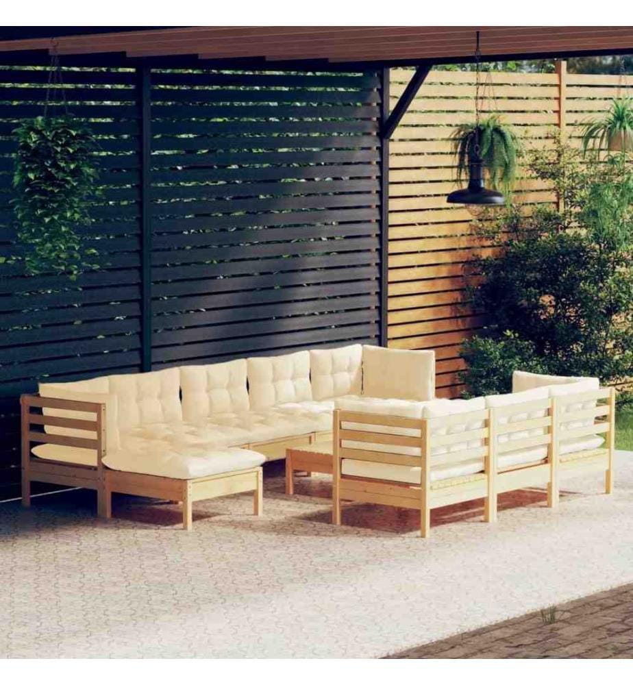 11-tlg. Garten-Lounge-Set mit Creme Kissen Massivholz Kiefer