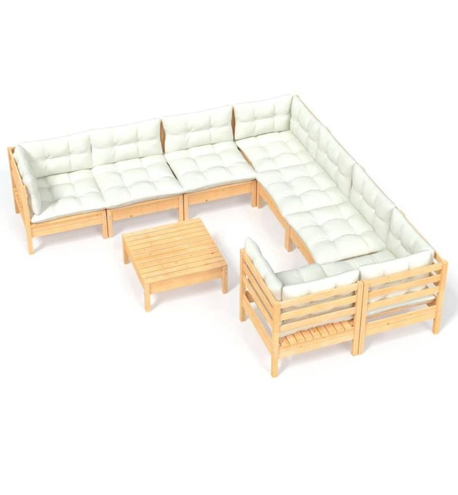 Salon de jardin 9 pcs avec coussins crème bois de pin