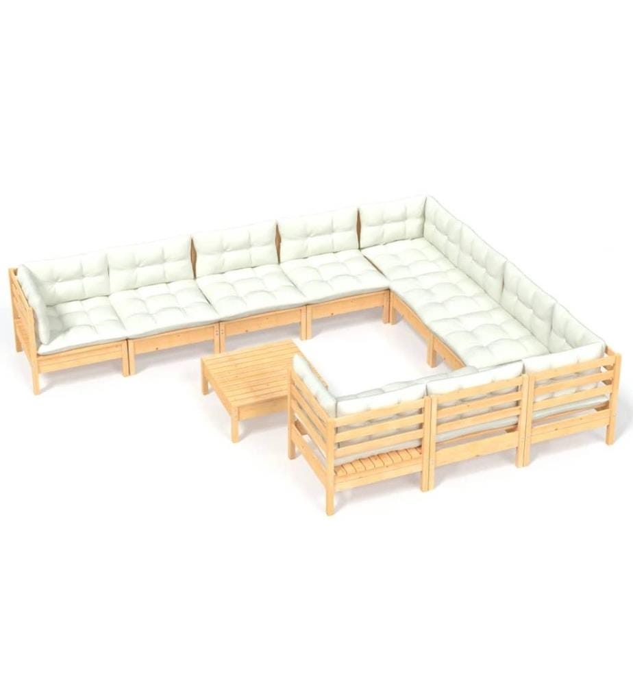 11-tlg. Garten-Lounge-Set mit Creme Kissen Kiefernholz
