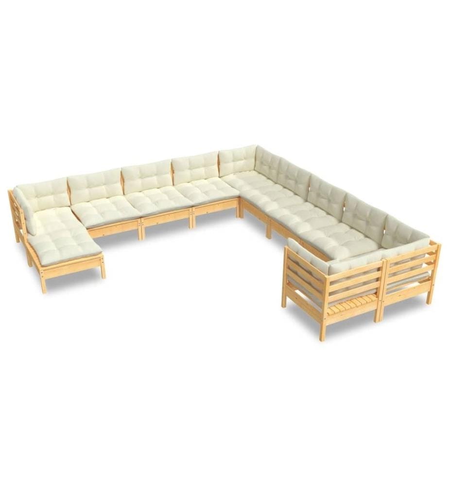 11-tlg. Garten-Lounge-Set mit Creme Kissen Kiefernholz