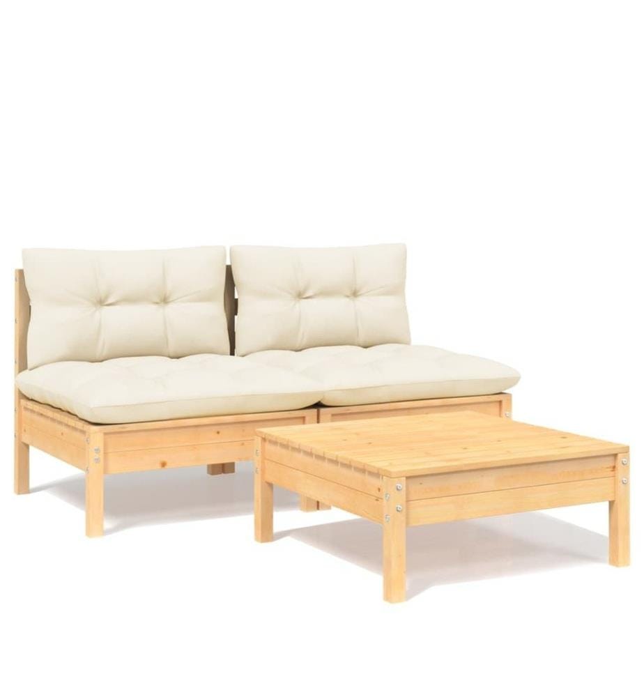 Salon de jardin 3 pcs avec coussins crème bois de pin