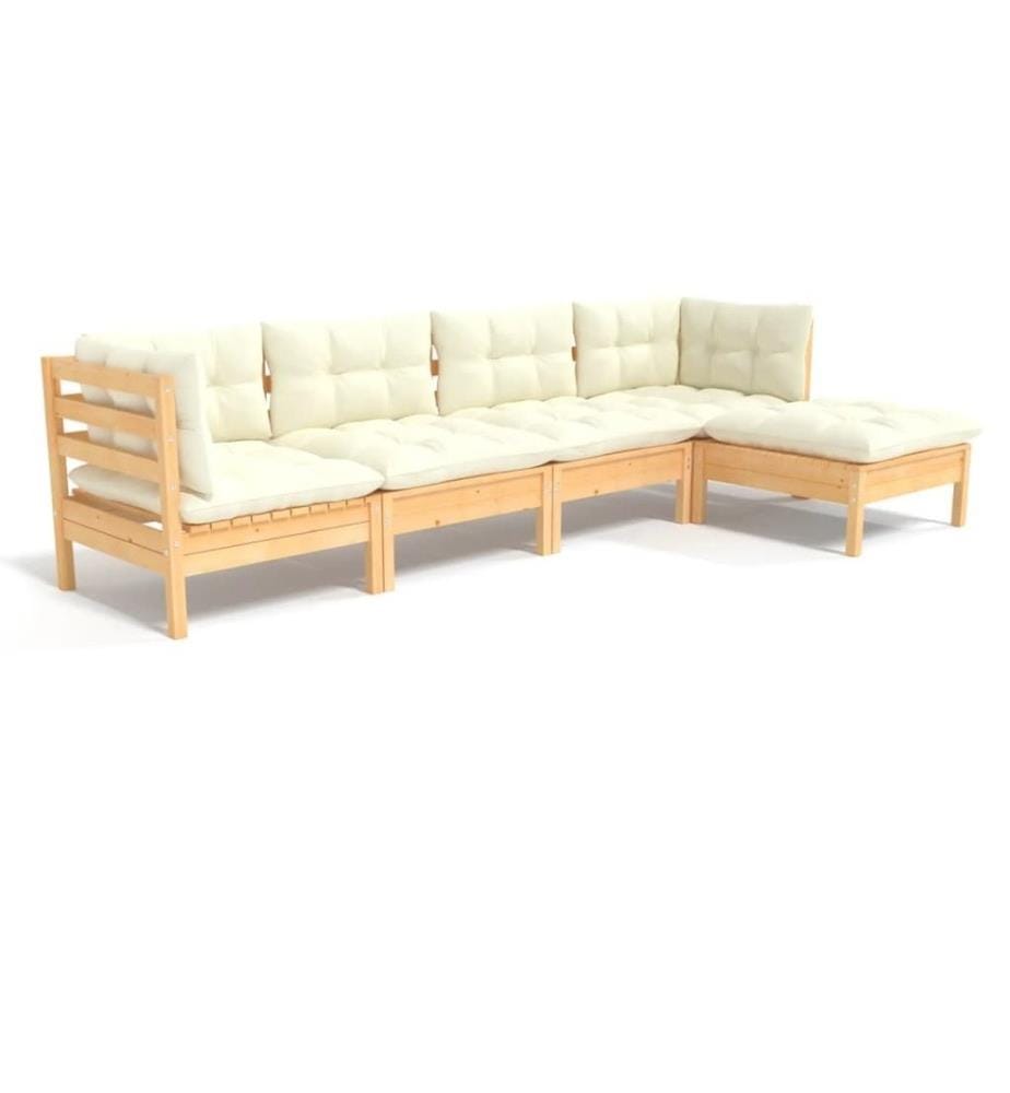 5-tlg. Garten-Lounge-Set mit Creme Kissen Kiefernholz