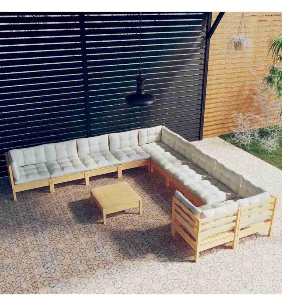 11-tlg. Garten-Lounge-Set mit Creme Kissen Kiefernholz