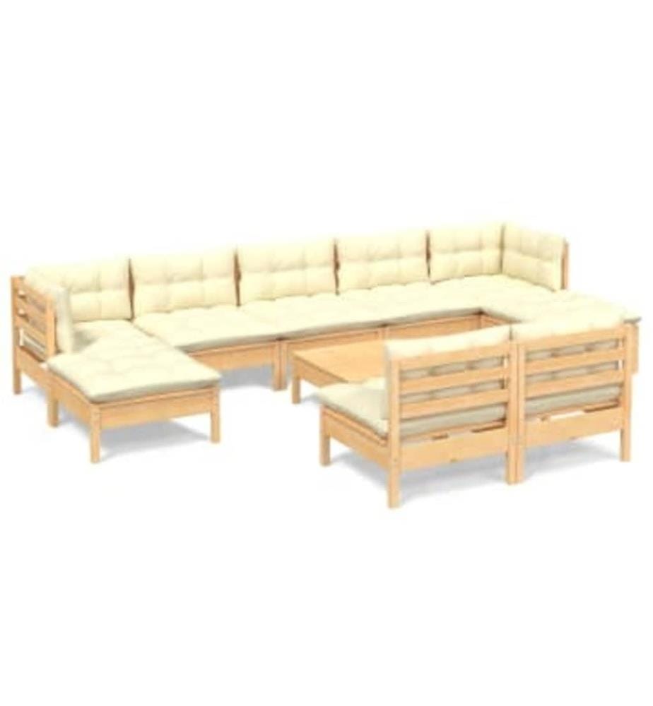 Salon de jardin 10 pcs avec coussins crème bois de pin