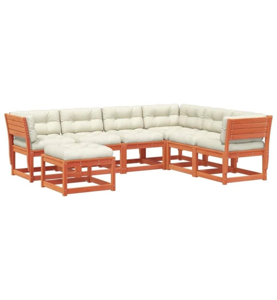 Salon de jardin 7 pcs avec coussins cire marron bois pin massif