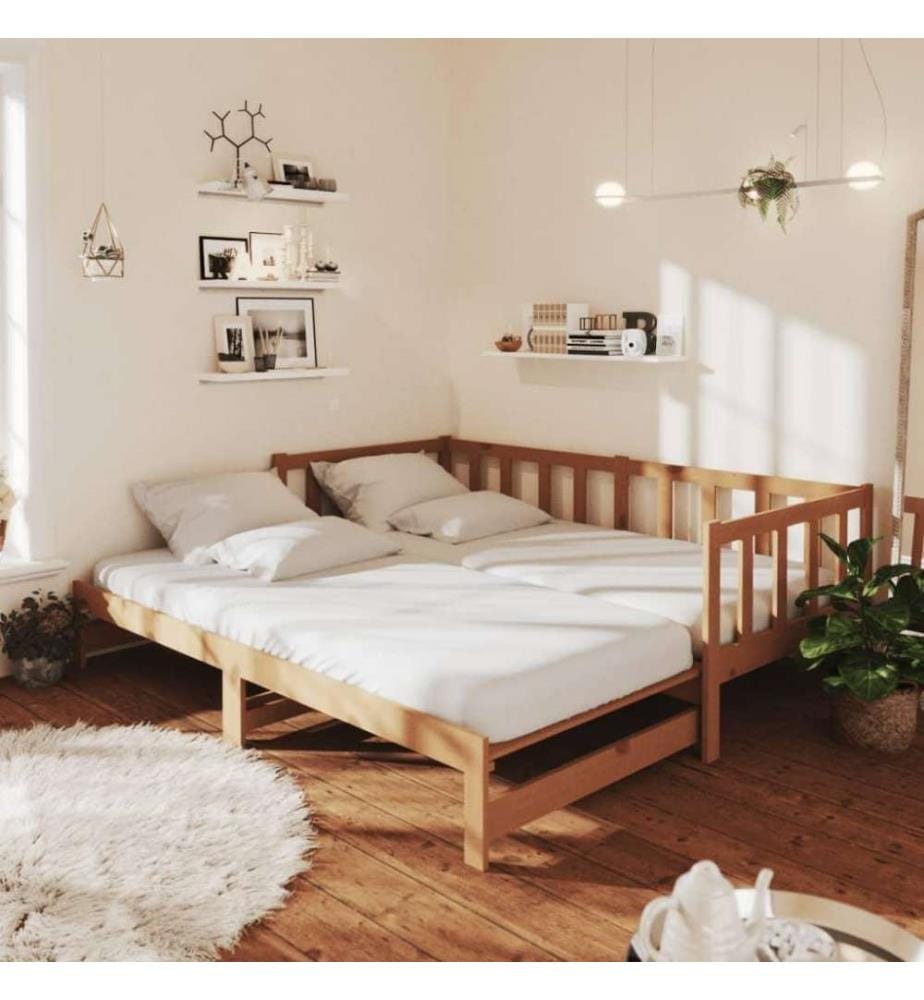 Lit coulissant Marron miel Bois de pin massif 2x(90x200) cm
