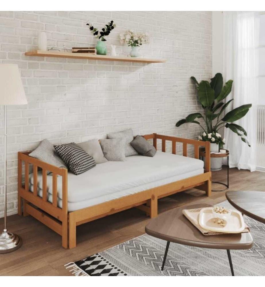 Lit coulissant Marron miel Bois de pin massif 2x(90x200) cm