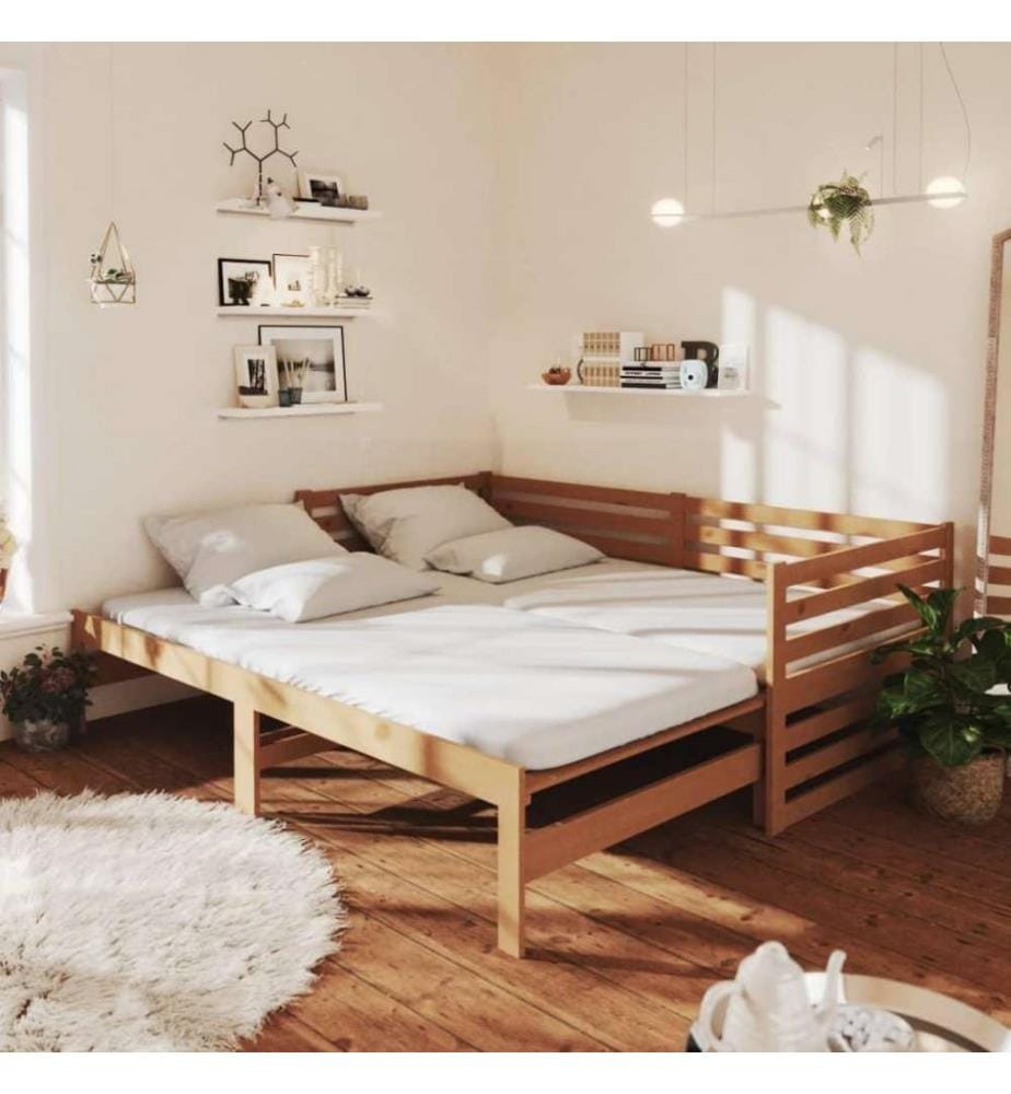 Lit coulissant Marron miel Bois de pin massif 2x(90x200) cm