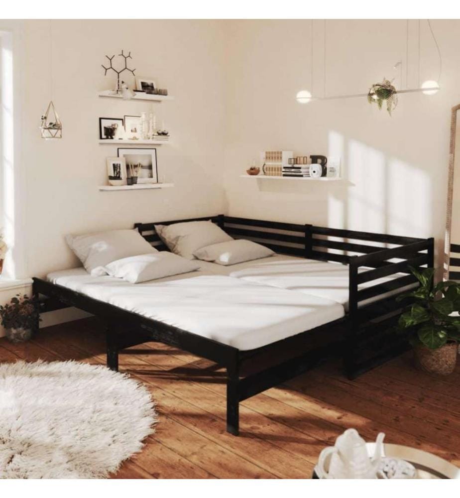 Lit coulissant Noir Bois de pin massif 2x(90x200) cm