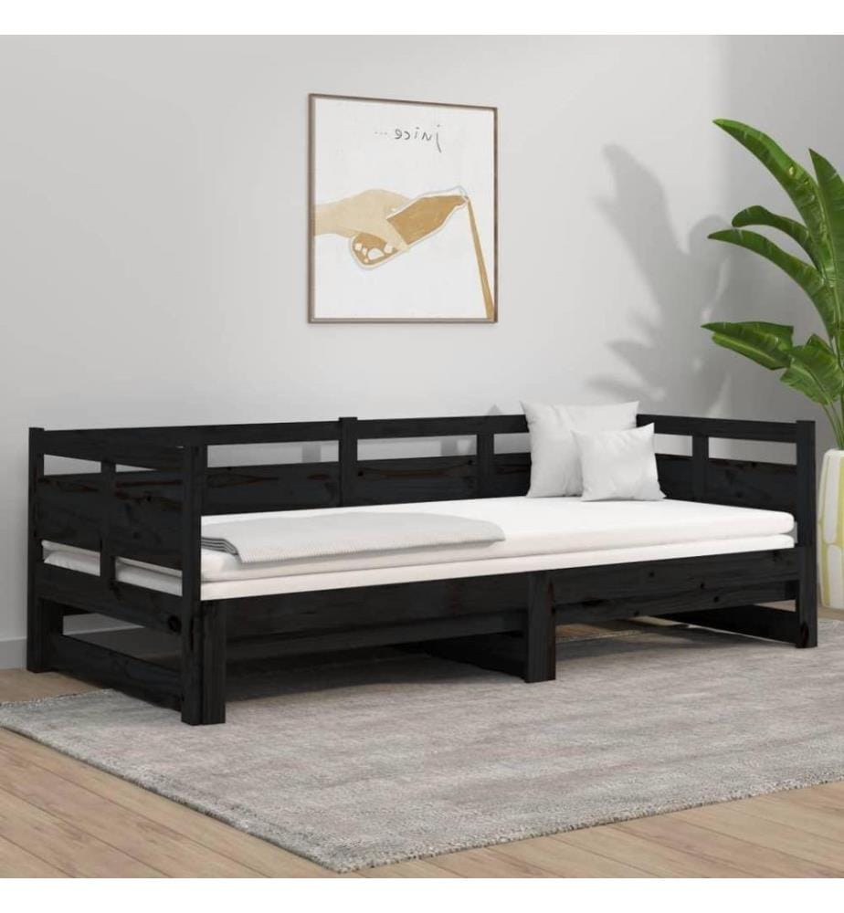 Lit coulissant Noir Bois de pin solide 2x(80x200) cm