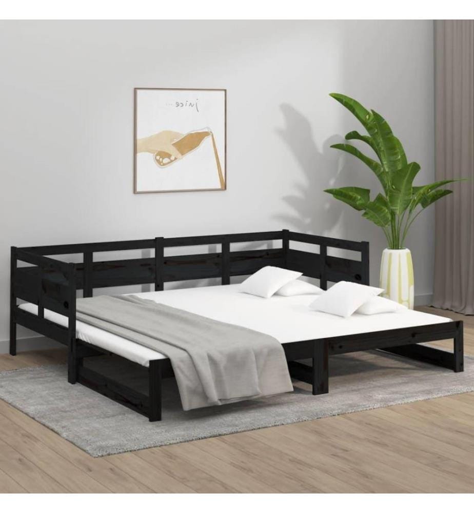 Lit coulissant Noir Bois de pin solide 2x(80x200) cm