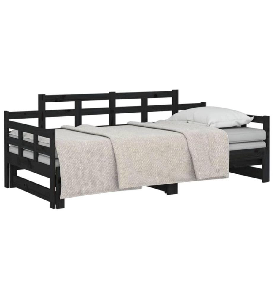 Lit coulissant Noir Bois de pin solide 2x(90x200) cm