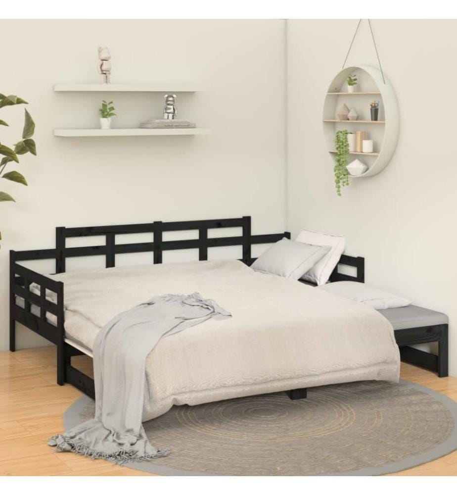 Lit coulissant Noir Bois de pin solide 2x(90x200) cm